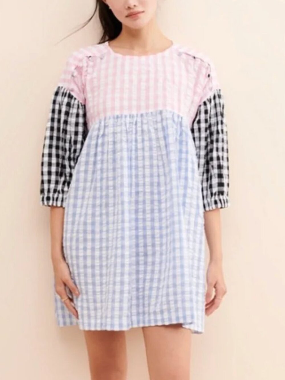 Tach Caterina Cloque Gingham Babydoll Dress